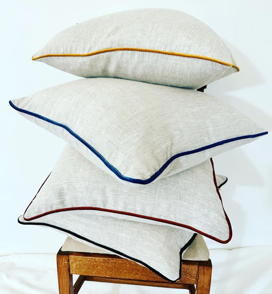 Linen Pillow Covers with Contrast Velvet Pipping